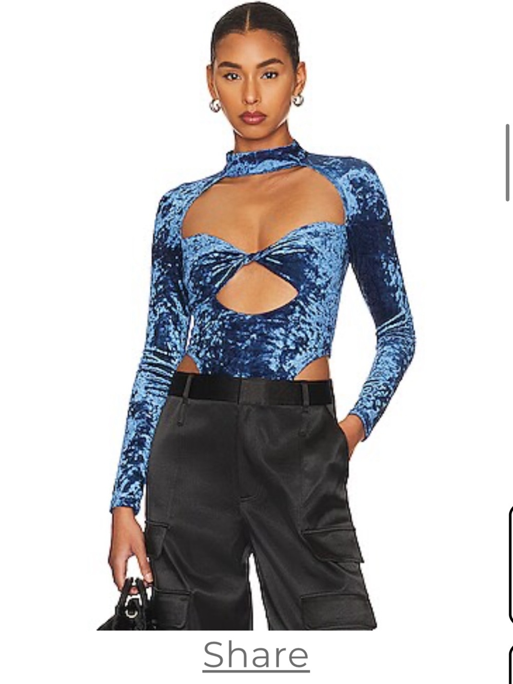 h:ours Blue Crushed Velvet Cutout Long Sleeve Bodysuit